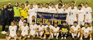 The Stephenville boys’ soccer team celebrates its 2-1 overtime win over Alvarado on Friday night in a Class 4A Division I bidistrict game at Burleson. (contributed photo)